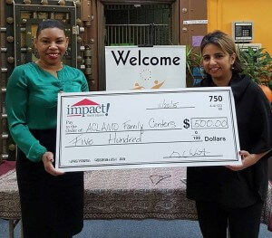 Tamika Miller stopped by ACLAMO's Norristown location with a check from Impact Thrift Stores.