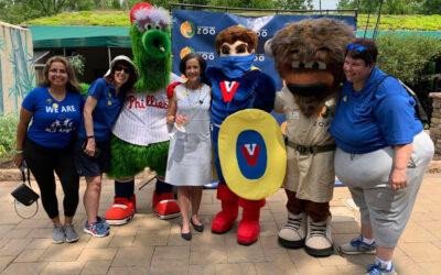 Mascots Victor Vaccine and Phillie Phanatic receive vaccine at Elmwood Park Zoo